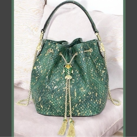 Handbags - Vegan Leather Green/Gold Snake Print Bucket Bag w/Goldfish Drawstring/Top Handle